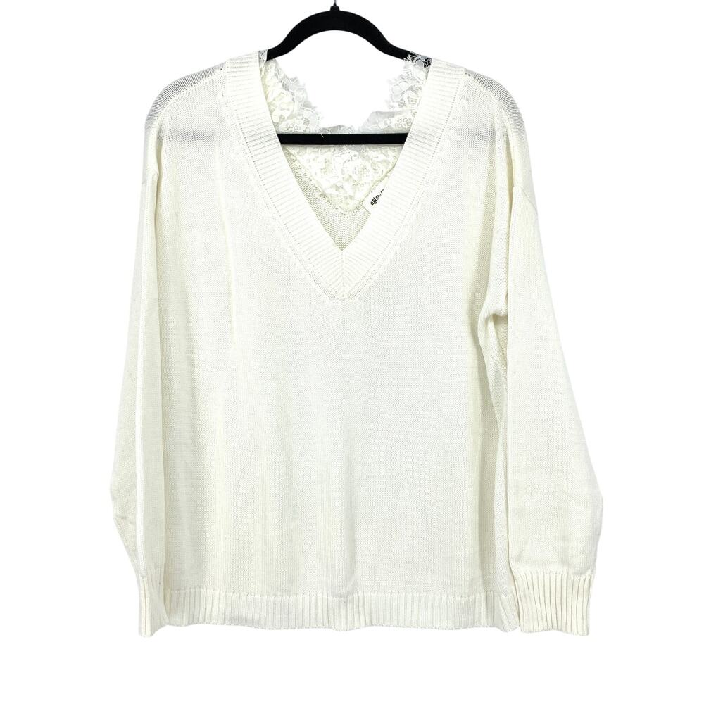 After Market Pullover V-Neck Sweater Womens Size Medium Cream Lace Trim